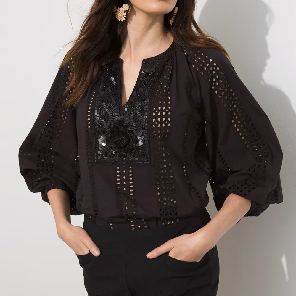 Chicos New Embellished Eyelet Tunic Black Sequined Size 3 XL